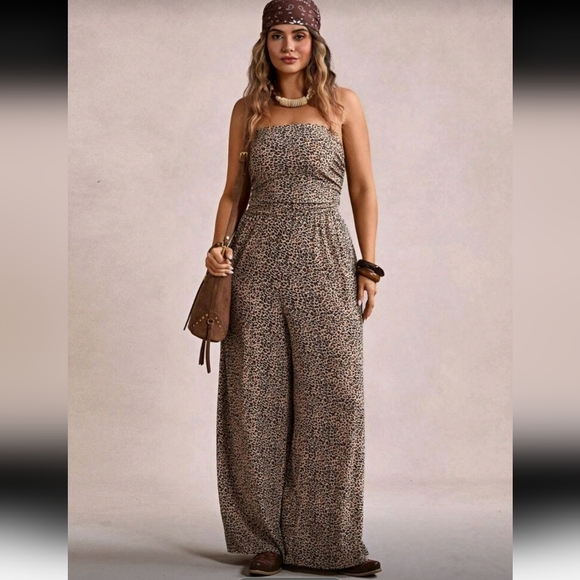 Pants - Freevana Leopard Print Strapless Wide Leg Jumpsuit Romper, 16 (2XL), Black & Tan